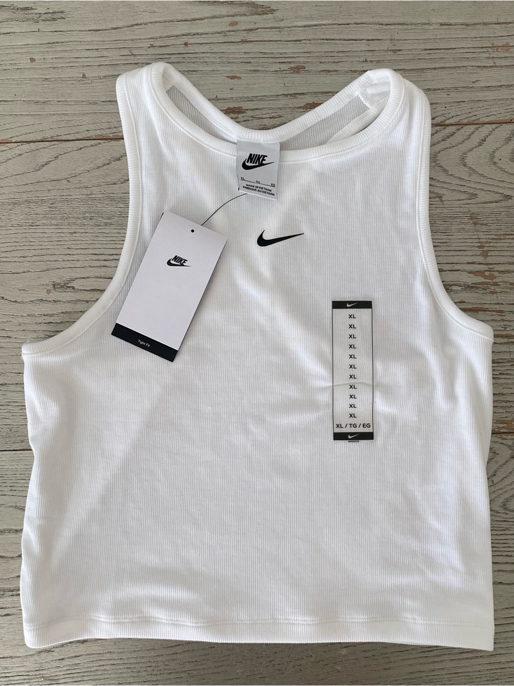 Nike White Ribbed Crop Tank with Black Swoosh
